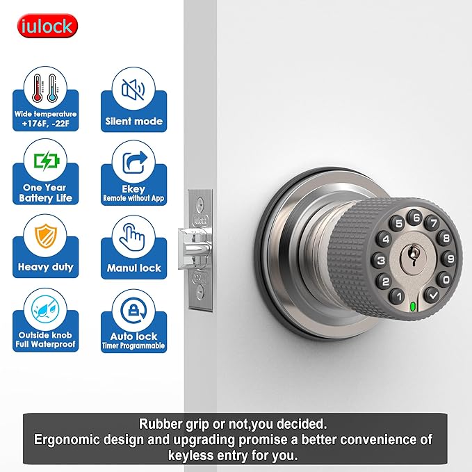 iulock Smart Door Knob with Keypad and Key, Keyless Entry Door Lock with Rubber - Image 3