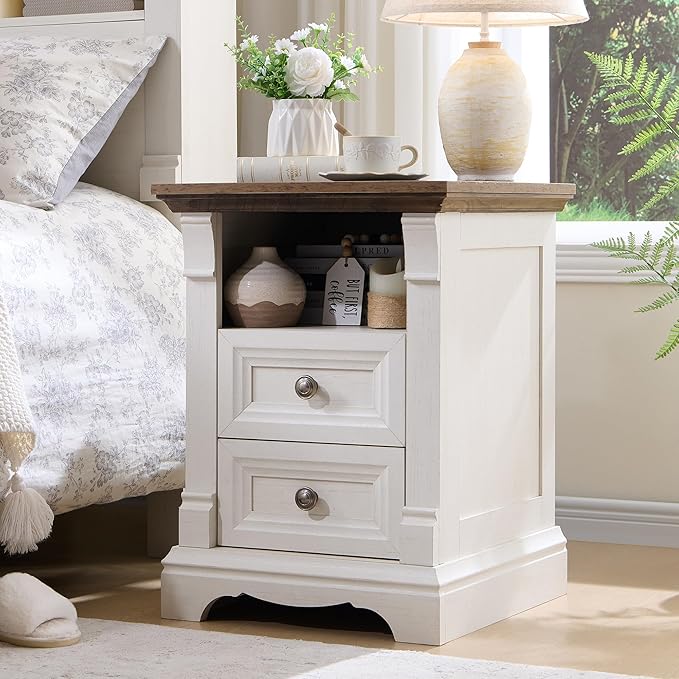 T4TREAM Farmhouse Nightstand Set of 2, Wood Side Table w/Roman Column, Bedside - Image 2