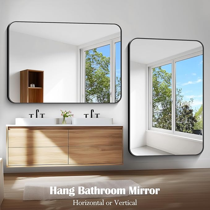 Large Bathroom Mirror, 60 x 40 inch Black Rectangle Mirror, Metal Framed - Image 8