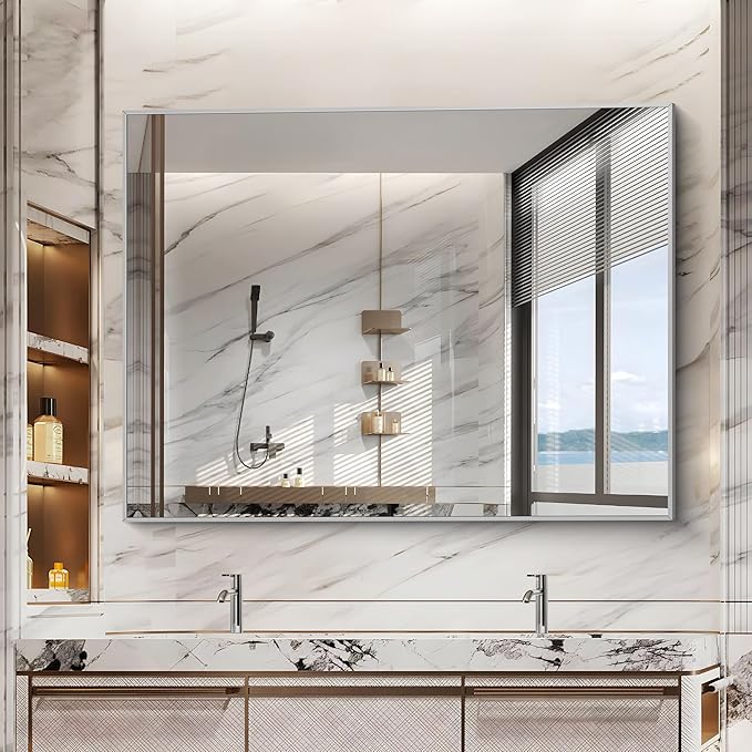 Silver Bathroom Mirror, Bathroom Rectangular Mirror Modern Wall Mirror - Image 8