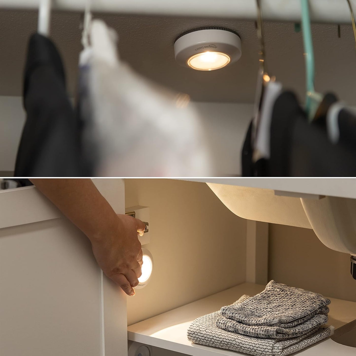 Amazon Basics LED Puck Lights, Battery Operated, 50 Lumens, Under Cabinet Lighting, Easy to Install, Easy to Use, Adhesive Backing, 2-Pack, White