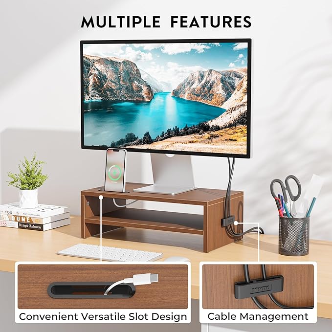 BONTEC Wooden Monitor Stand Riser, 2-Tier Desk Shelf - Image 4