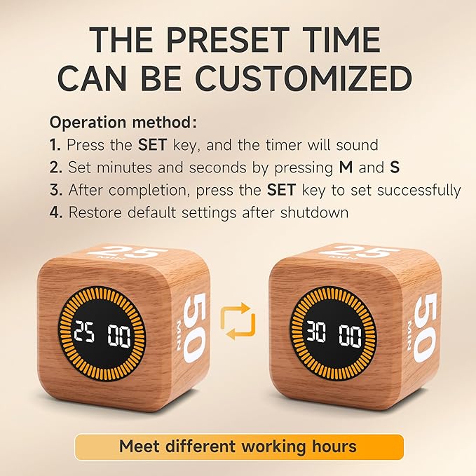 Rotating Productivity Timer 5, 50 Minutes Preset, Desk Cube w/Gravity Sensor - Image 6