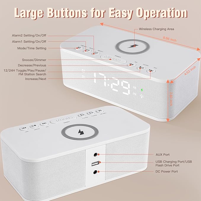 Dual Alarm Clock Radio Bedroom, Digital Alarm Clocks Bedrooms Bluetooth - Image 8