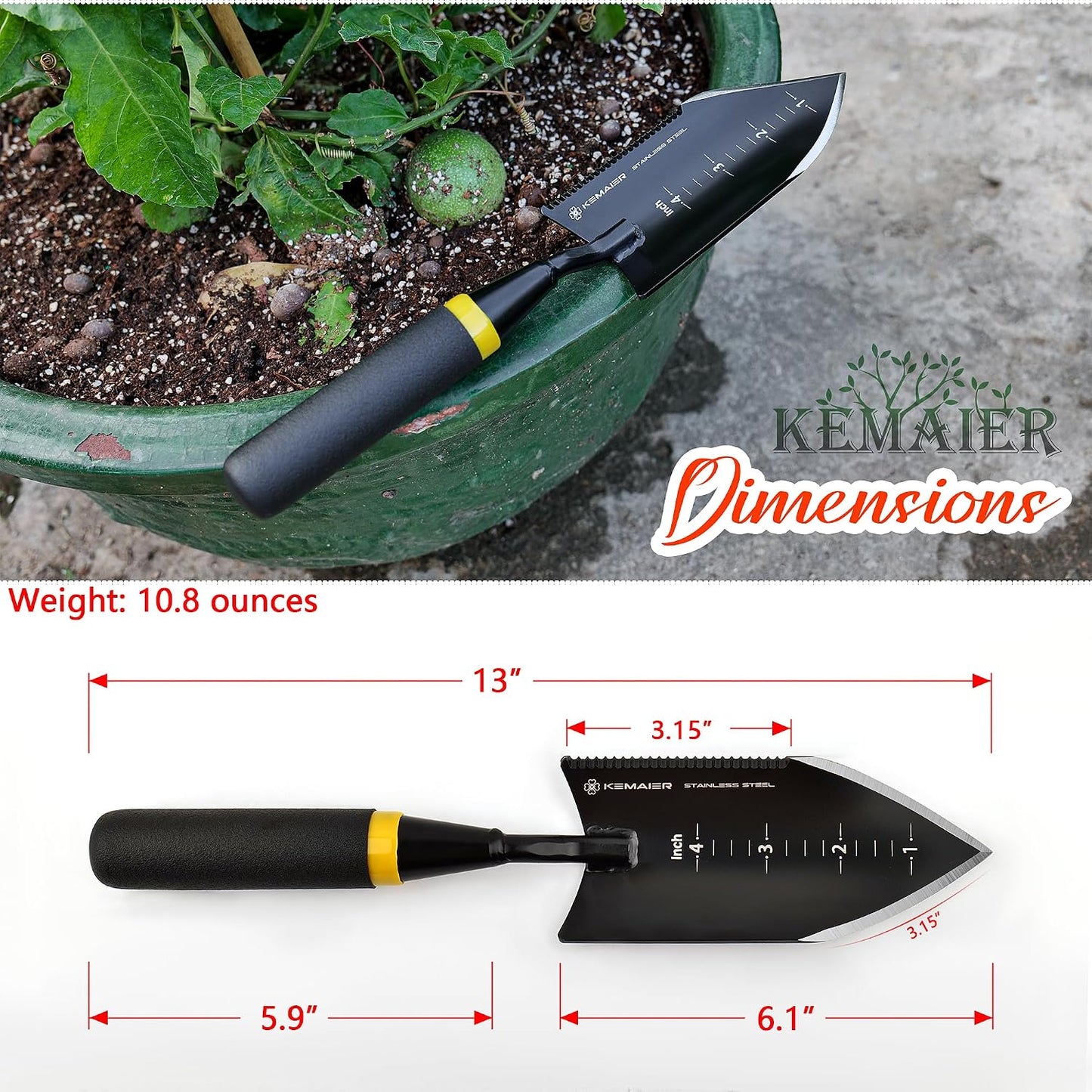 Kemaier Heavy Duty Gardening Hand Trowel - Stainless Steel Tool | Sharp Weeding, Serrated Cutting, Measured Planting, The Shovel Pros Actually Rely On