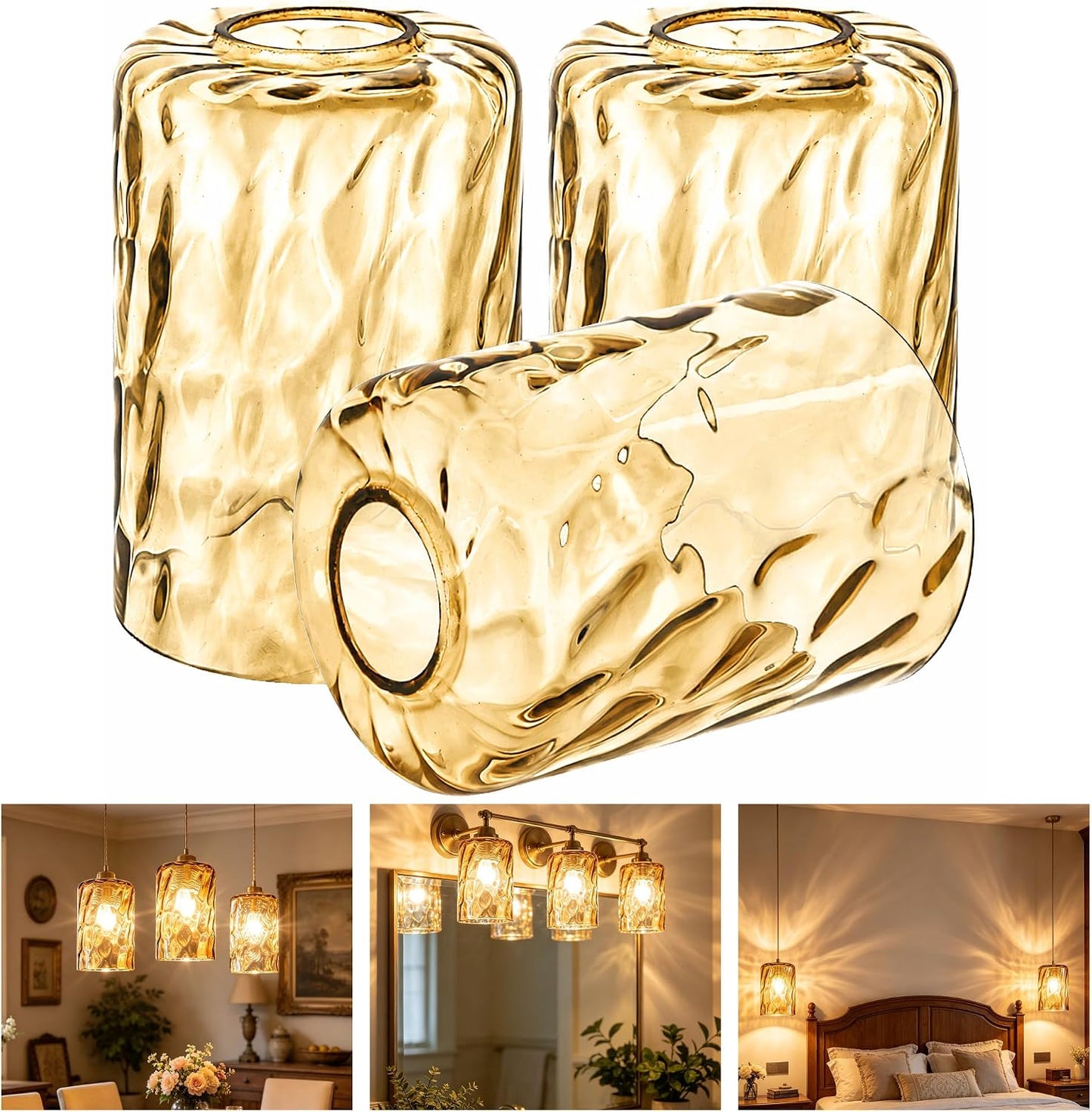 GO&SO Glass Lamp Shade Replacement 3Pc Amber Hammered 3.94" W x 5.9" H | Hand Blown Hammered Glass,1-5/8" Fitter,E26 Base,Fits Pendant Lights Fixtures,Wall Sconces,Table Lamps,Floor Lamp Cover