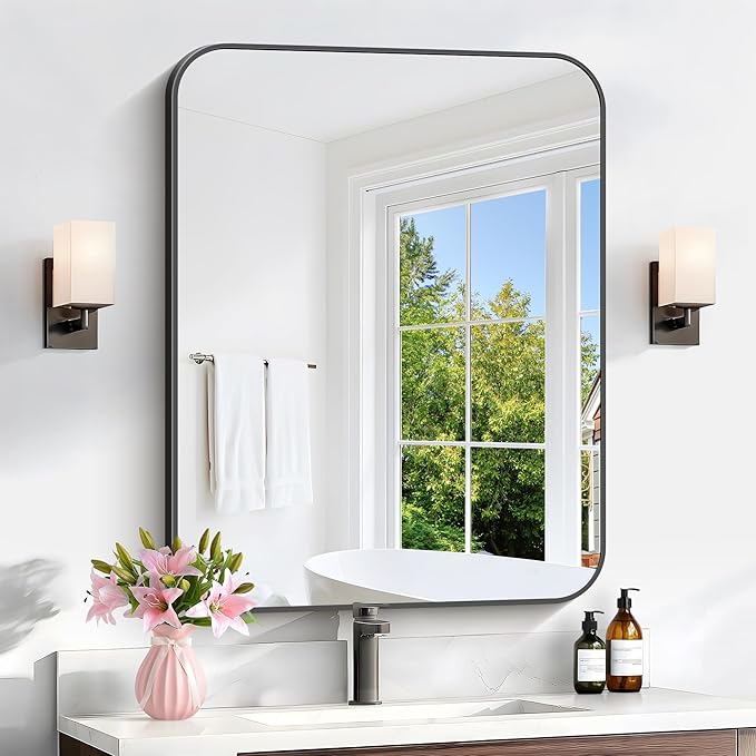 Bathroom Mirror, 30 x 24 inch Metal Framed Black Rectangle Mirror, Rounded by WelcometoCIVENO