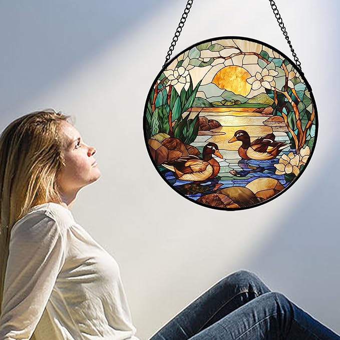 AMDERVEN Stained Glass Window Hanging, Ducks in The Pond Sun Catcher - Image 4