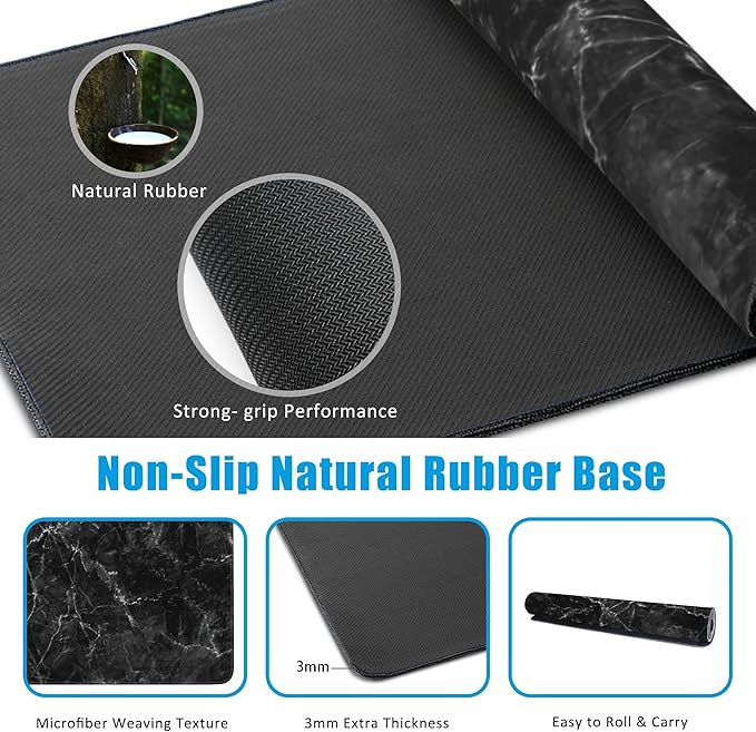 EOBKLAX Black Marble Texture Desk Mat, Large Gaming Mouse Pad, Non-Slip Rubber - Image 5