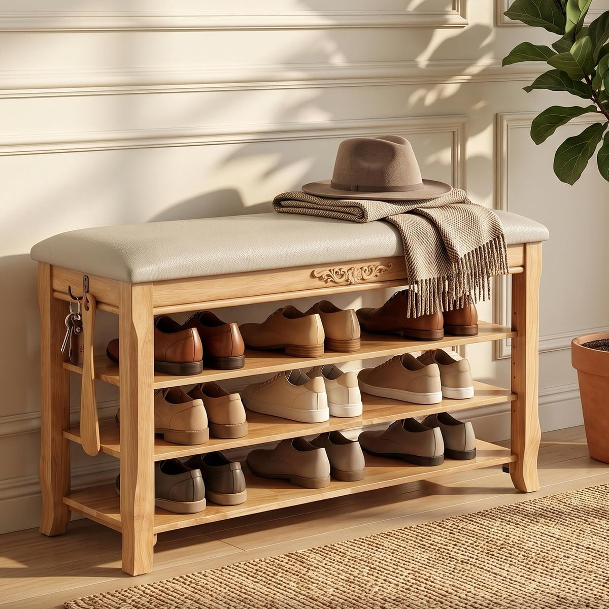 shoe rack bench entryway storage with leather cushion, main product view