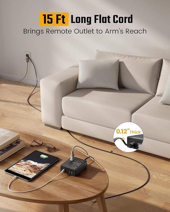 15Ft Extension Cord with Multiple Outlets, Flat Plug Power Strip Surge - Image 2