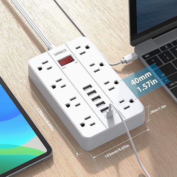 SMNICE Power Strip with USB, Surge Protector Flat Plug with 8 Widely Spaced - Image 5