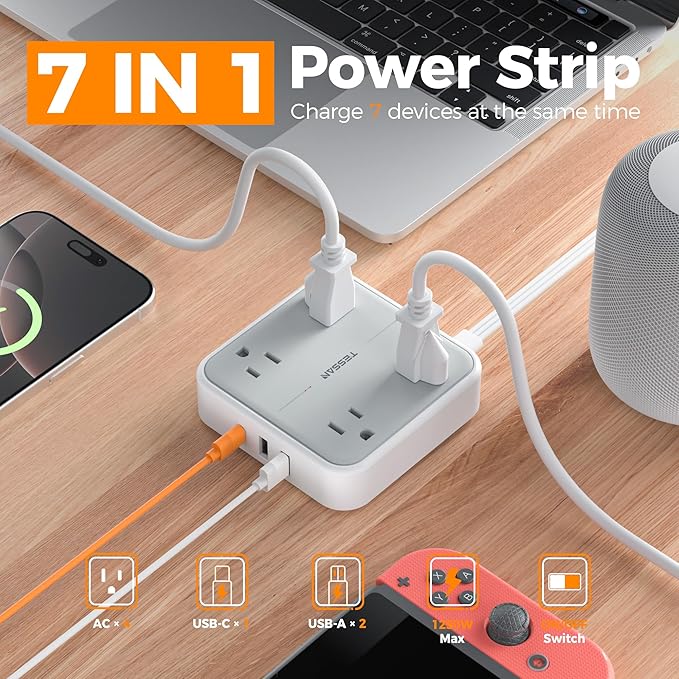 TESSAN Short Extension Cord, 1 Ft Ring Pull Surge Protector Power Strip - Image 2