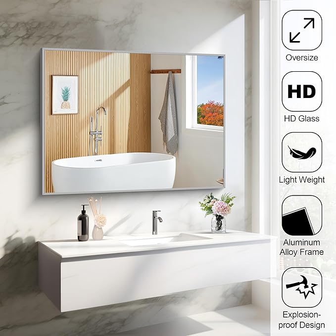 30x40In Silver Bathroom Mirror for Wall, Brushed Nickel Rectangle Mirrors - Image 5