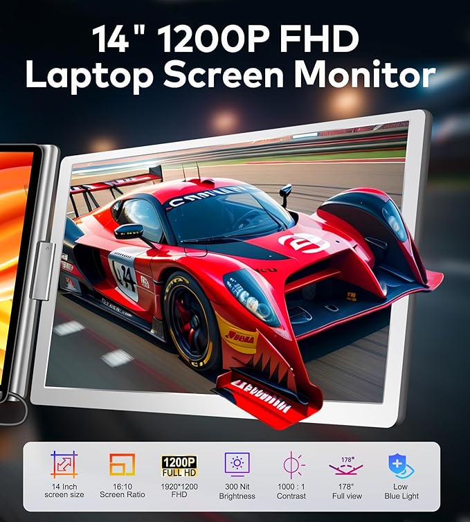 FOPO 14" Laptop Screen Extender, FHD 1200P IPS Monitor Extender, Just 1 Cable - Image 2