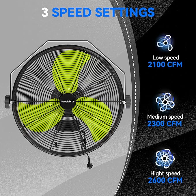 2600 CFM 14 inch Outdoor High Velocity Wall Mounted Fan, 3-Speed Metal Fans - Image 2