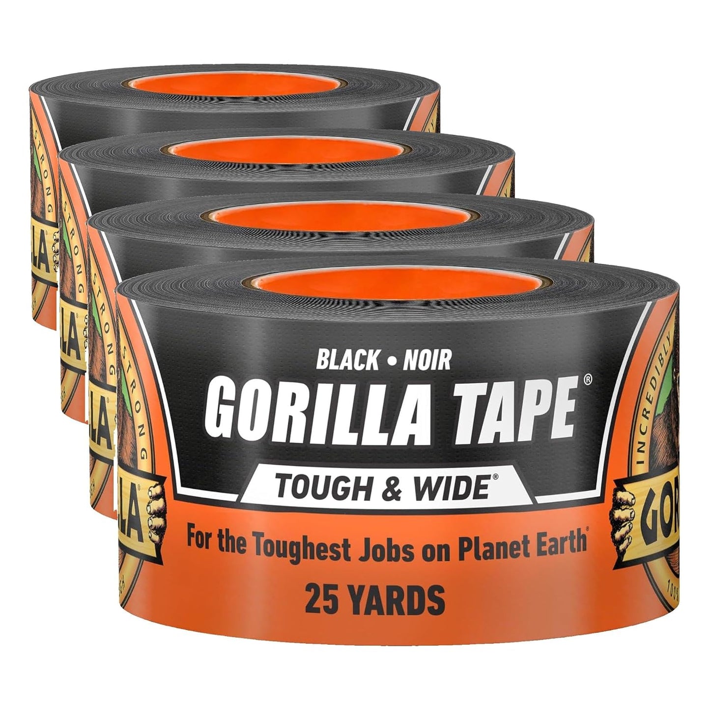 Gorilla Tape Tough & Wide,Black Tape,2.88" x 25 yd - Heavy Duty and Weather Resistant for Indoor or Outdoor,(Pack of 4)