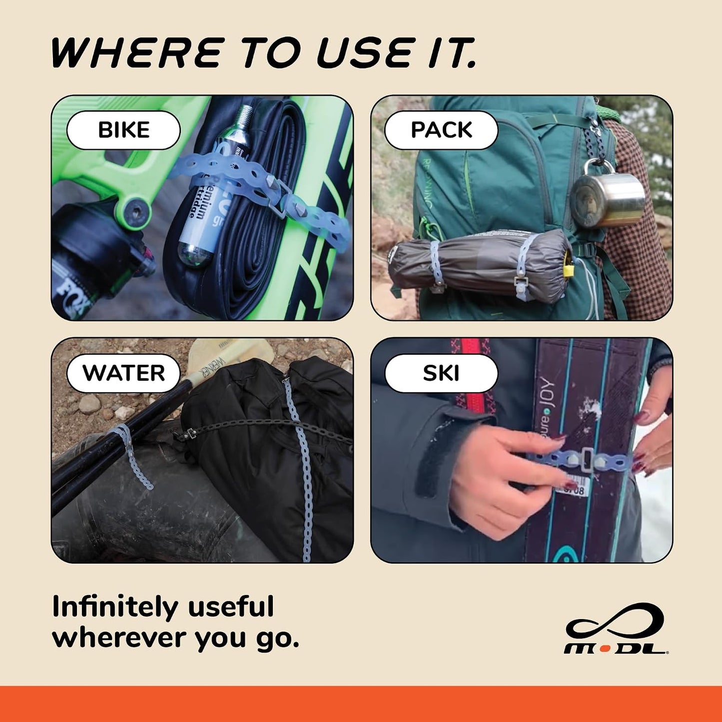 Infinity Tool™ Modular Gear Straps (4-Pack) for Camping, Travel & EDC | Hundreds of modular ways to organize, secure, bundle, hang & carry gear
