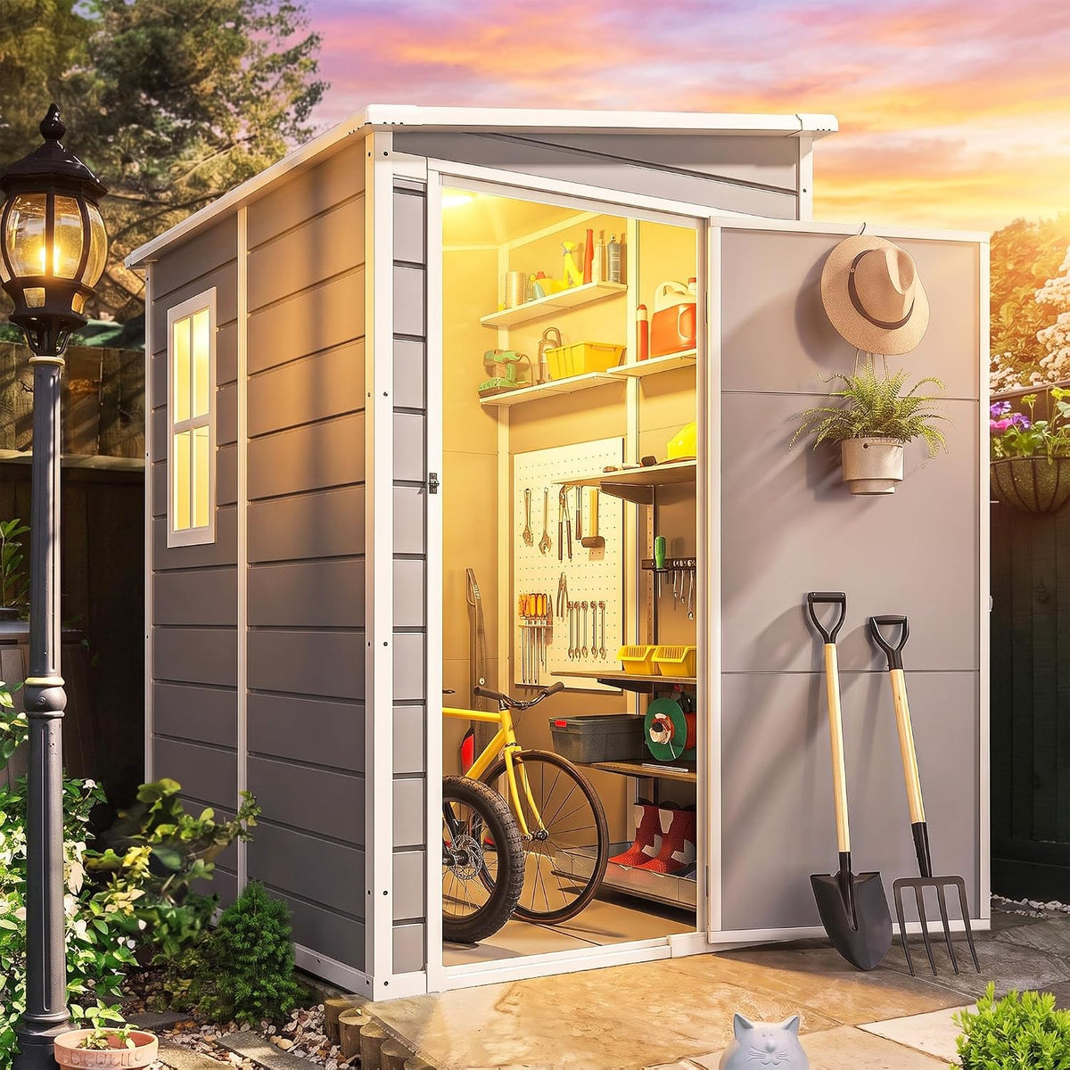 dwvo 5x4ft resin outdoor storage shed with floor, main product view