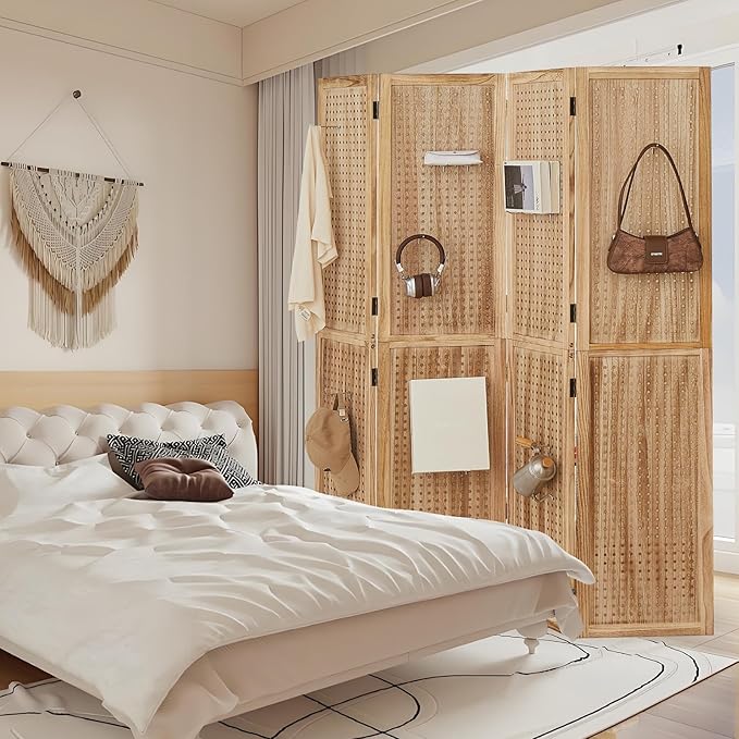 Leesinwing 4 Panel Wooden Room Dividers, 5.6FT High Plug-in Folding Screen Made - Image 7