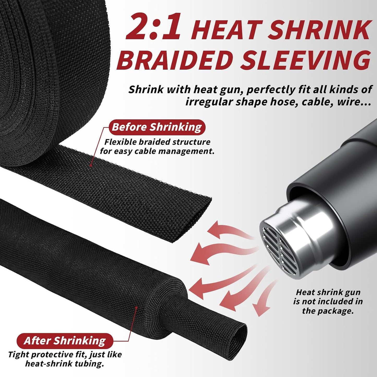 Oleitodh 100 ft 3/8 in 2:1 Heat Shrink Braided Sleeving, Black | Abrasion-resistant polyolefin and polyester sleeve for automotive wiring harness protection and cable management.