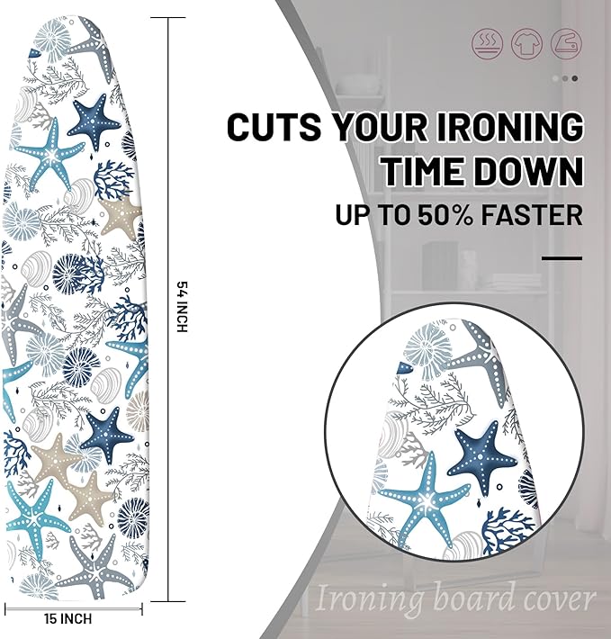 Extra Thick Ironing Board Cover and Pad, Coral Starfish Coastal 15x54 Ironing - Image 2