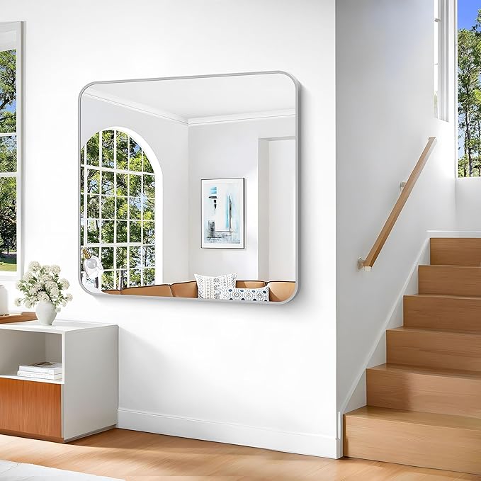 Silver Bathroom Mirror, 42 x 42 Inch Silver Square Mirror, Metal Framed - Image 4