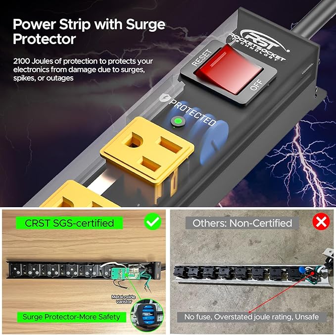 CRST 6 Outlet Surge Protector Power Strip 2100J - Image 4