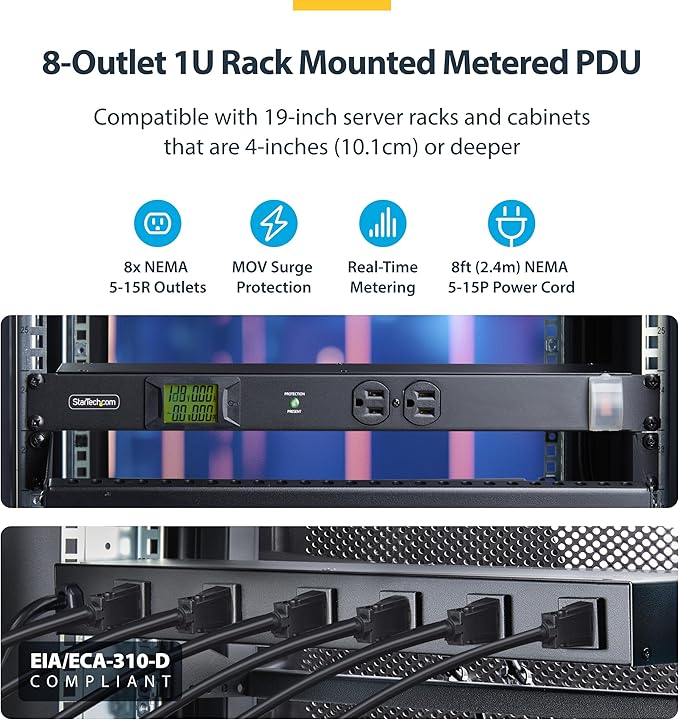 StarTech.com 8-Outlet Horizontal Rack Mount Metered PDU, 1U Server Power Strip - Image 3