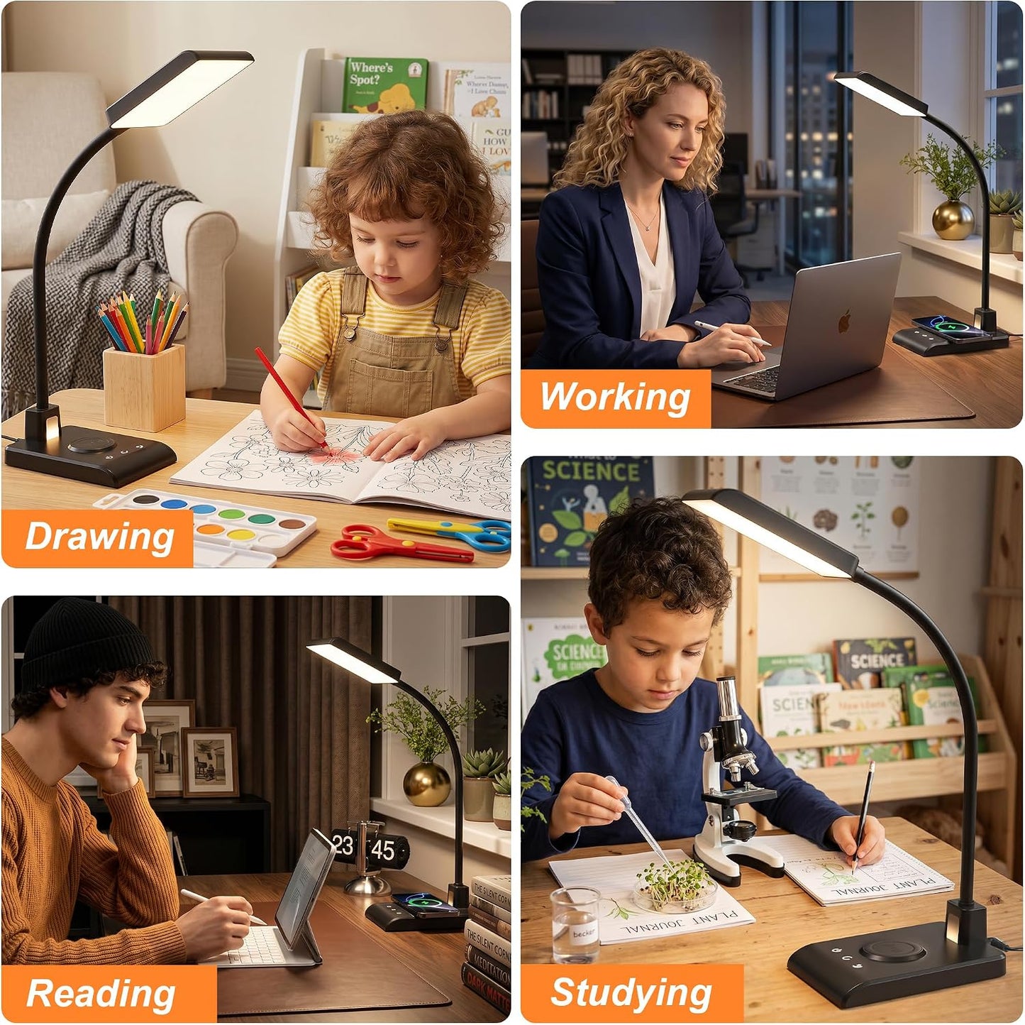Desk Lamp with Wireless Charger, Desk Lamps for Home Office Night Light | 3 Color Modes with Stepless Dimming, CRI 90+, 1000lm, 360° Flexible Arm, Eye-Caring Study Lamp for College Dorm Room