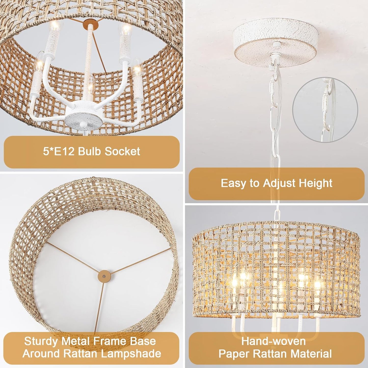 Rattan Chandelier 5-Light Farmhouse Boho Pendant Light Fixture for Dining Room Brown and White Woven Chandeliers for Ceiling Light,Bedroom,Living Room,Foyer,Kitchen Island,Coastal,Stairway,Hallway