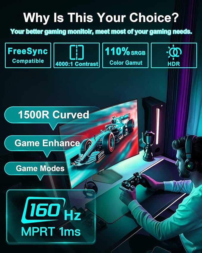 SANSUI 27 Inch Curved 160Hz Gaming Monitor, 1500R Curved Computer Gaming - Image 2