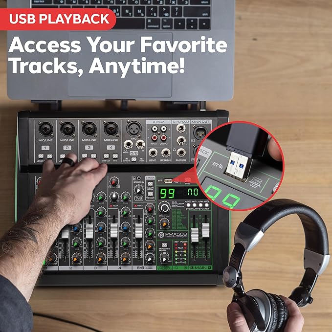 Pyle 8-Channel Audio Mixer, USB Interface, MP3 Compatible, XLR Inputs and LED - Image 3