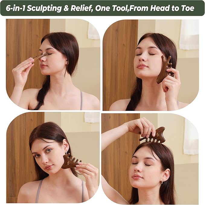 4-in-1 Wooden Gua Sha Tool Set – Facial, Body & Scalp Manual Guasha Massage Tool - Image 4