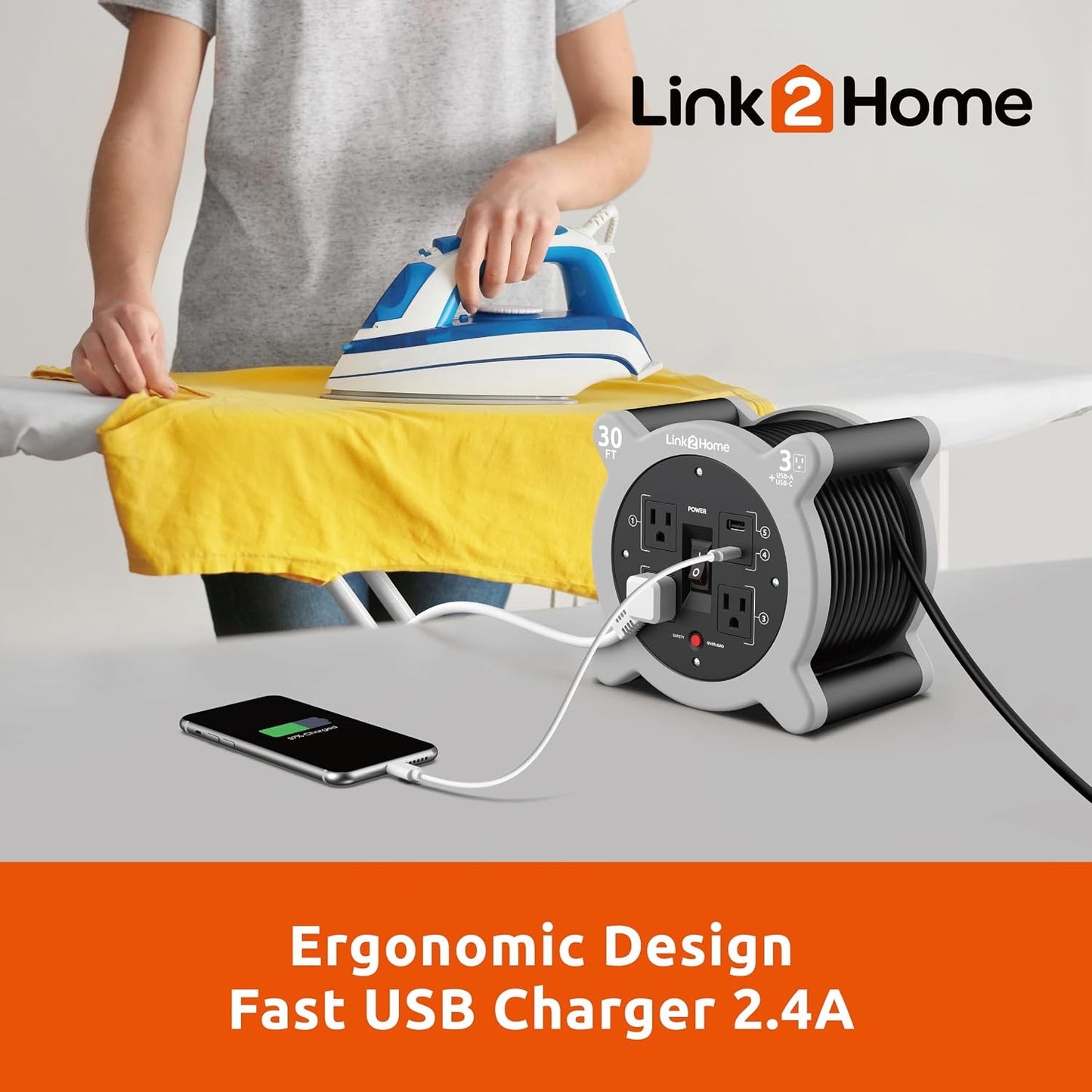 Link2Home 30 Ft. Extension Cord Reel, 3 Outlets, 2 USB Ports | 16 AWG SJT cable, 2.4A fast-charge USB ports, compact reel storage