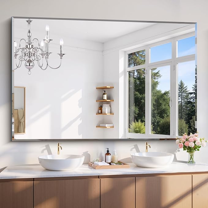 CILIBER 60x40 Large Beveled Mirror, Frameless Beveled Bathroom Mirrors by CILIBER