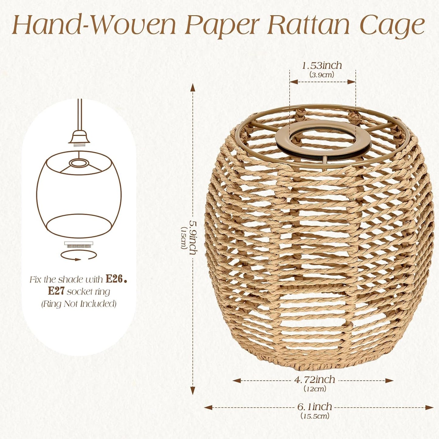4 Pack Rattan Lamp Shade for E26 Base Pendant Light Shade | Handwoven Rattan, 1.53" Fitter, 6" Diameter X 5.9" High Perfect for Pendant, Table, and Ceiling Lamps Replacement