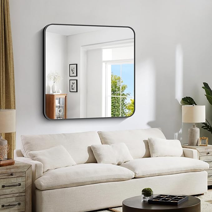 Bathroom Mirror, 39x39 inch Black Square Wall Mirror, Metal Frame Rounded - Image 3