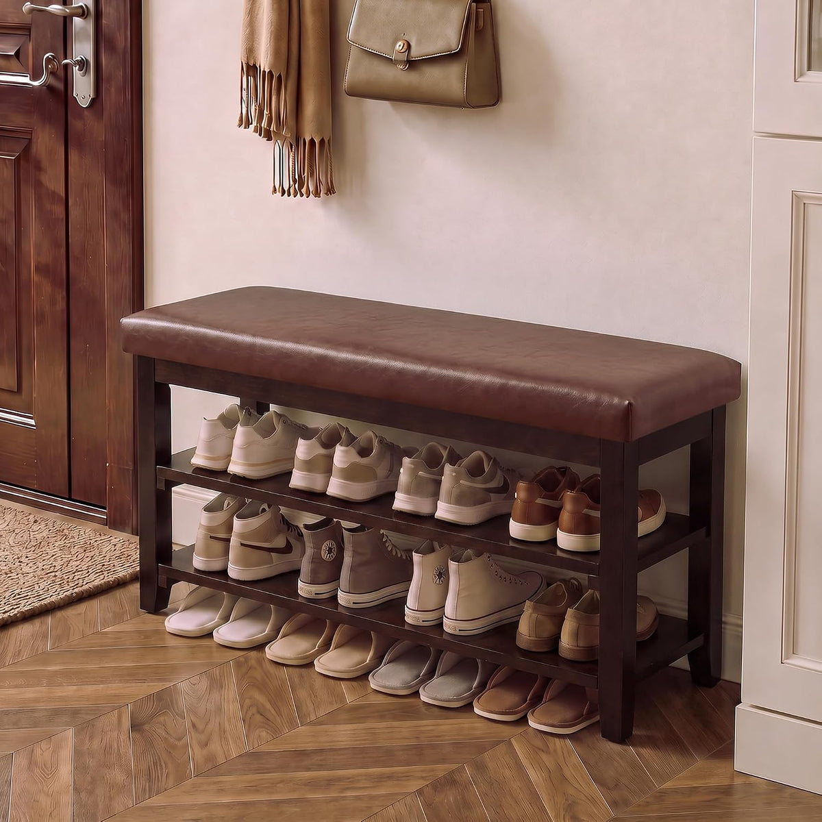40" wooden shoe rack with seating, entryway bench, main product view