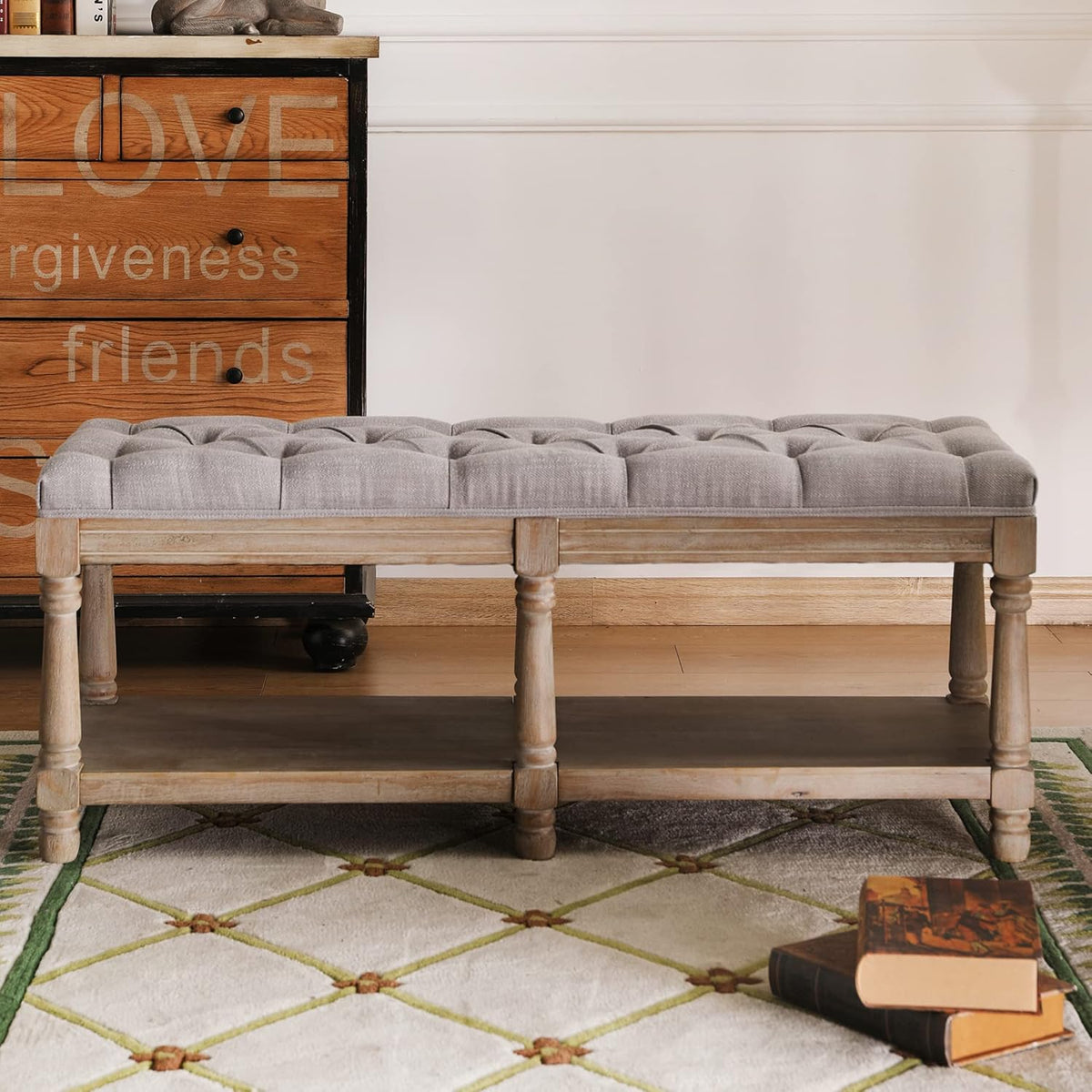 farmhouse storage bench wooden entryway upholstered tufted ottoman shown in use