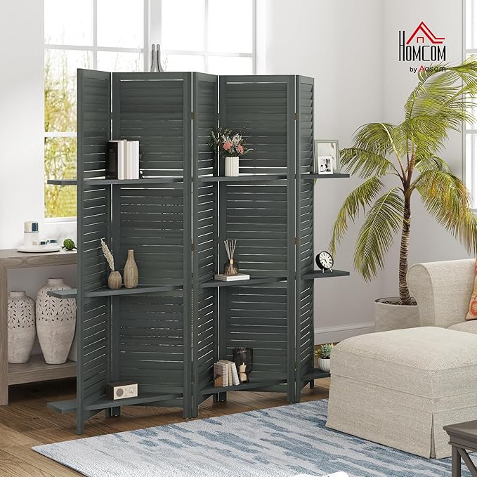 HOMCOM Room Divider, 5 Panel 67" Tall Wood Privacy Screen - Image 2