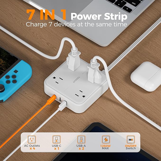 Surge Protector Flat Extension Cord 10FT, TESSAN Flat Plug Power Strip - Image 3