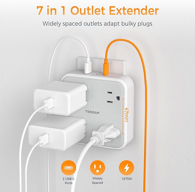 Multi Plug Outlet Extender, TESSAN 4 Outlet Splitter 3 USB Wall Charging Ports - Image 2