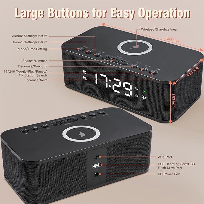 Dual Alarm Clock Radio Bedroom, Digital Alarm Clocks Bedrooms Bluetooth - Image 8