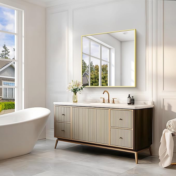 Gold Bathroom Mirror for Wall, 30x30 Inch Rectangle Mirrors - Image 4