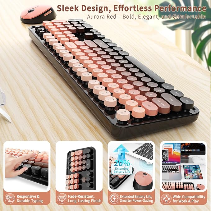 Nowlike Wireless Keyboard and Mouse Combo, Retro Typewriter Keyboard - Image 4