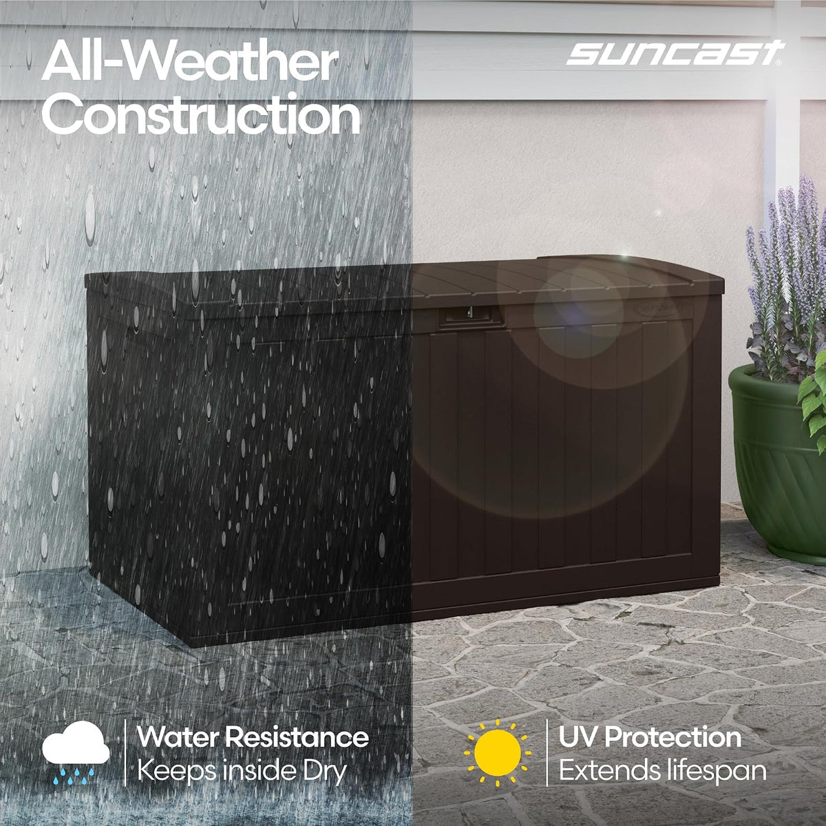 suncast 134-gal. resin extra-large outdoor patio deck box, side view