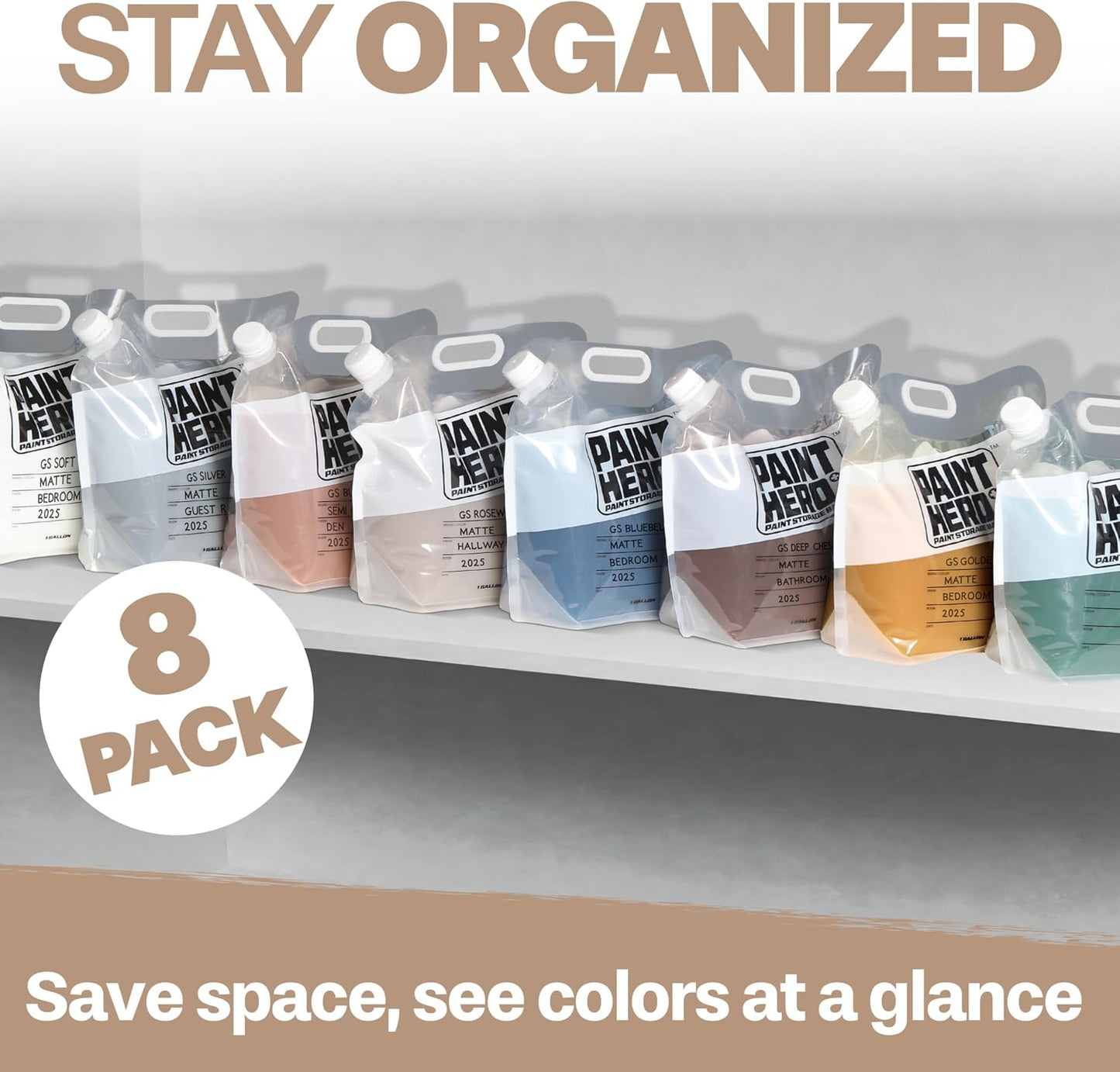 Paint Hero 8 Pack Paint Storage Bags - Airtight Refillable 1 Gallon Pouches with Funnel