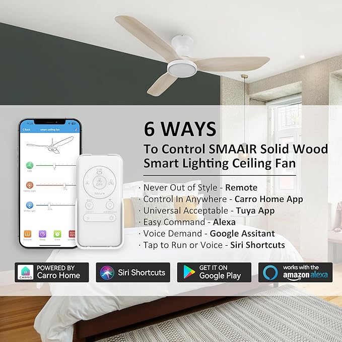 SMAAIR Smart Ceiling Fans with Lights Damp Covered, Solid Wood Flush Mount - Image 3