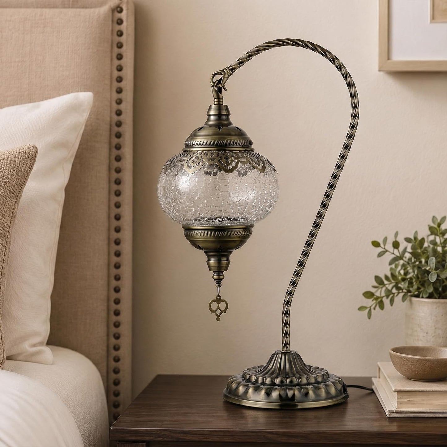 GOGERS Swan Neck Turkish Moroccan Lamp Handmade Stained Mosaic Glass Vintage Lamp Shade Bohemian Tiffany Style Bedside Night Lamp Lighting for Bedroom Living Room (White)
